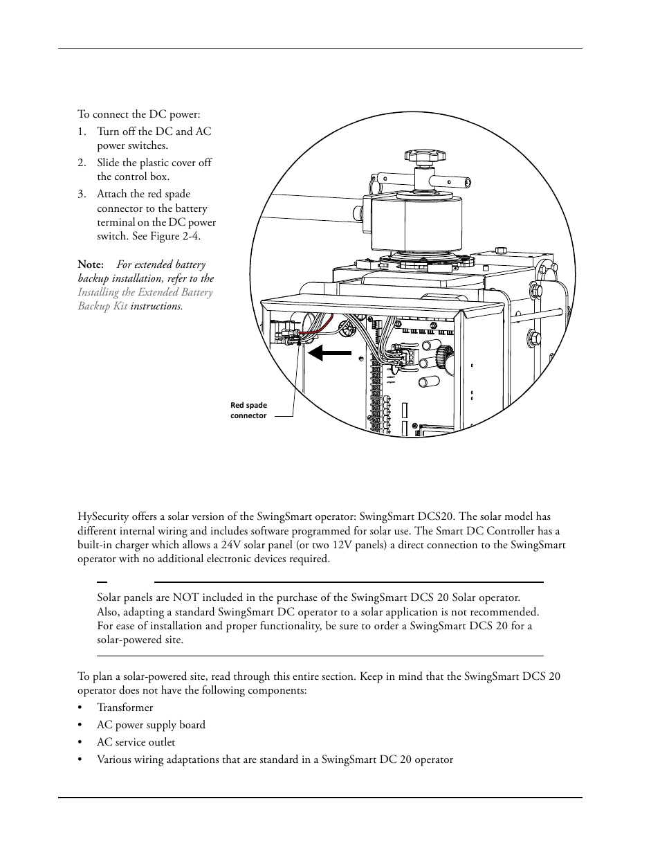 Onnecting, Dc p, Ower | Sing, Olar, Owered, Perator | Controlled Products Systems Group SWINGSMART DC 20 User Manual | Page 44 / 136