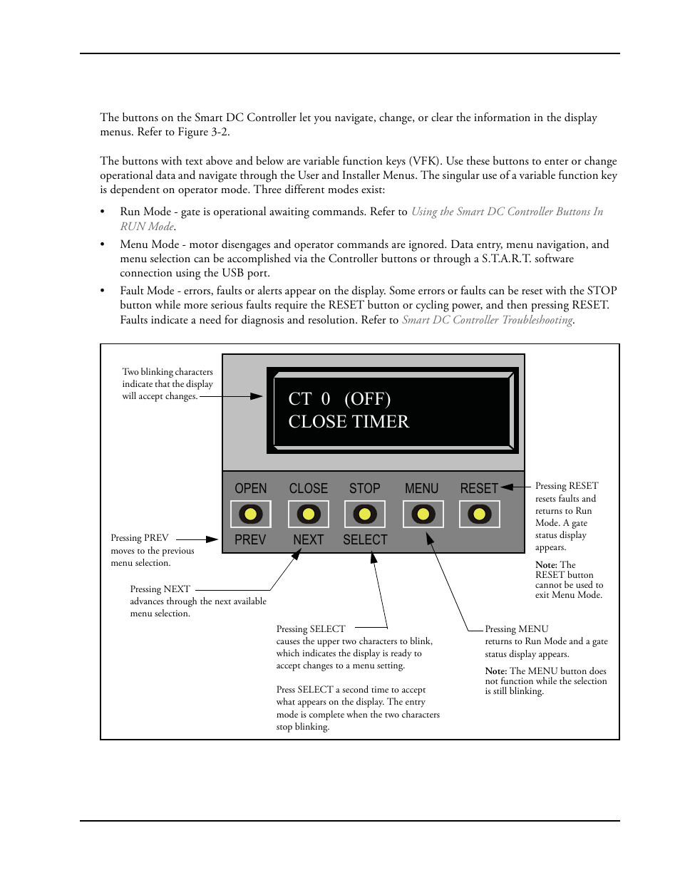 Using the smart dc controller buttons in menu mode, Ct 0 (off) close timer | Controlled Products Systems Group SWINGSMART DC 20 User Manual | Page 55 / 136