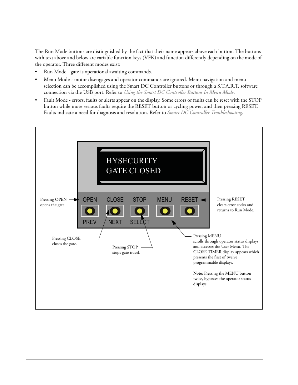 Using the smart dc controller buttons in, Run mode, Using the smart dc controller buttons in run mode | Hysecurity gate closed | Controlled Products Systems Group SWINGSMART DC 20 User Manual | Page 58 / 136