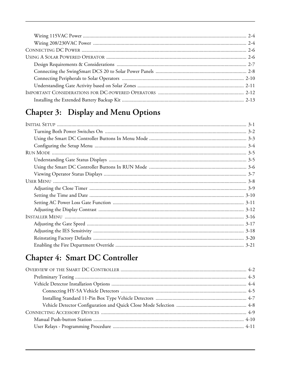 Chapter 3: display and menu options, Chapter 4: smart dc controller | Controlled Products Systems Group SWINGSMART DC 20 User Manual | Page 6 / 136