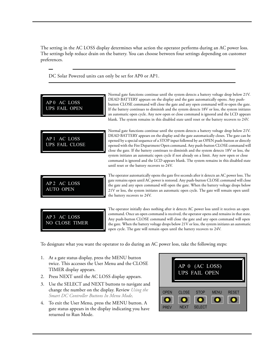 Setting ac power loss gate function -11, Setting ac power loss gate function | Controlled Products Systems Group SWINGSMART DC 20 User Manual | Page 63 / 136