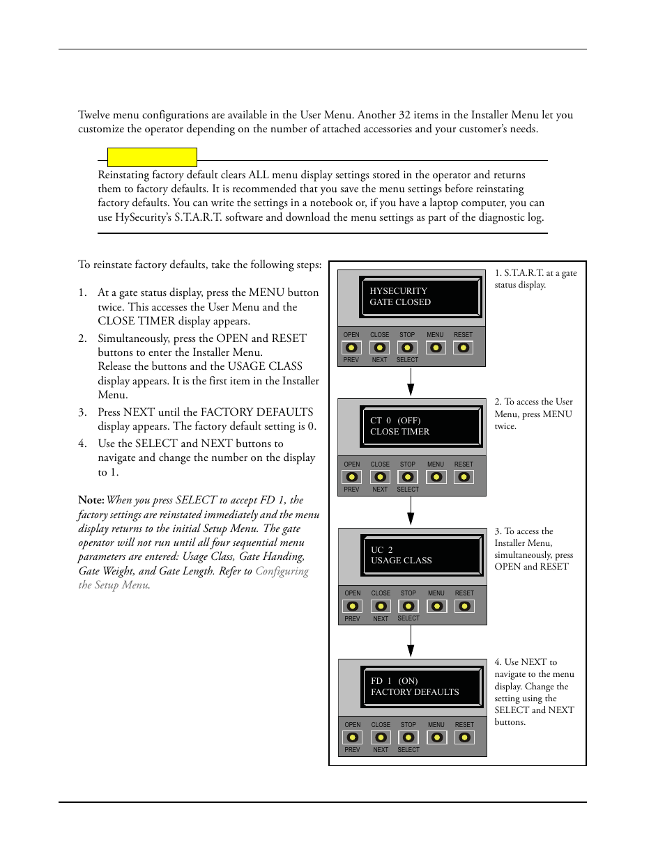 Reinstating factory defaults -20, Reinstating factory defaults, Caution | Controlled Products Systems Group SWINGSMART DC 20 User Manual | Page 72 / 136