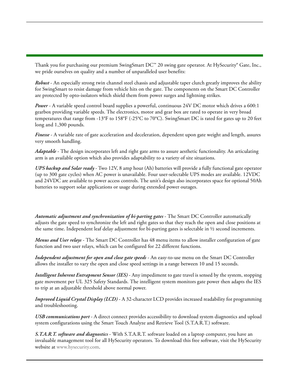 Introducing swingsmart dc, Ntelligent, Eatures | Mart, Dc c, Ontroller | Controlled Products Systems Group SWINGSMART DC 20 User Manual | Page 9 / 136