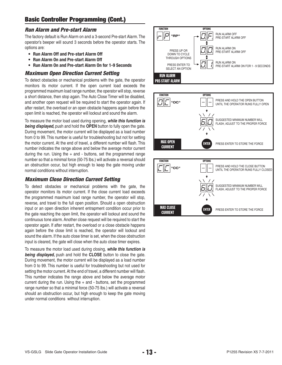 Basic controller programming (cont.), Run alarm and pre-start alarm, Maximum open direction current setting | Maximum close direction current setting | Controlled Products Systems Group VS-GSLG-111 User Manual | Page 15 / 36