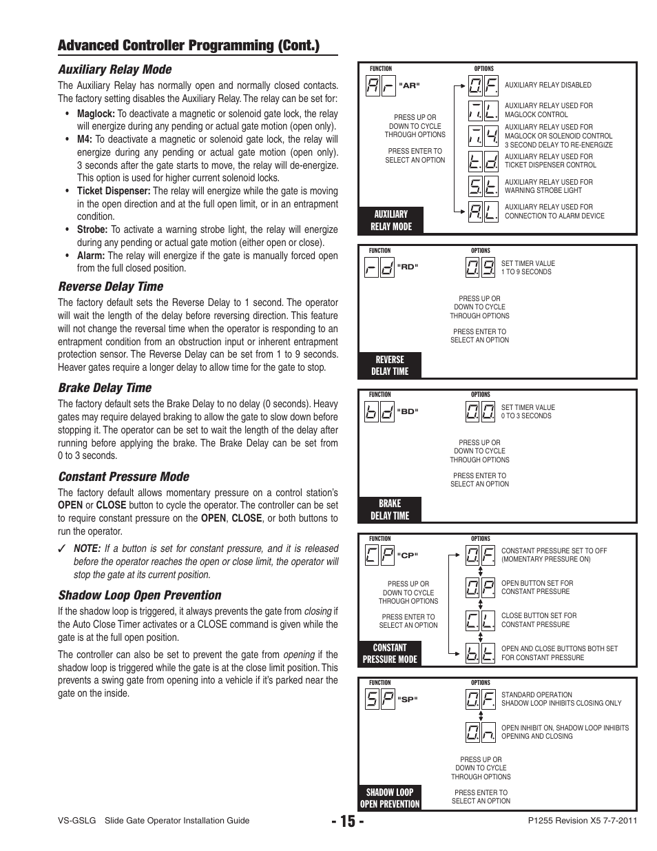 Advanced controller programming (cont.), Auxiliary relay mode, Reverse delay time | Brake delay time, Constant pressure mode, Shadow loop open prevention | Controlled Products Systems Group VS-GSLG-111 User Manual | Page 17 / 36