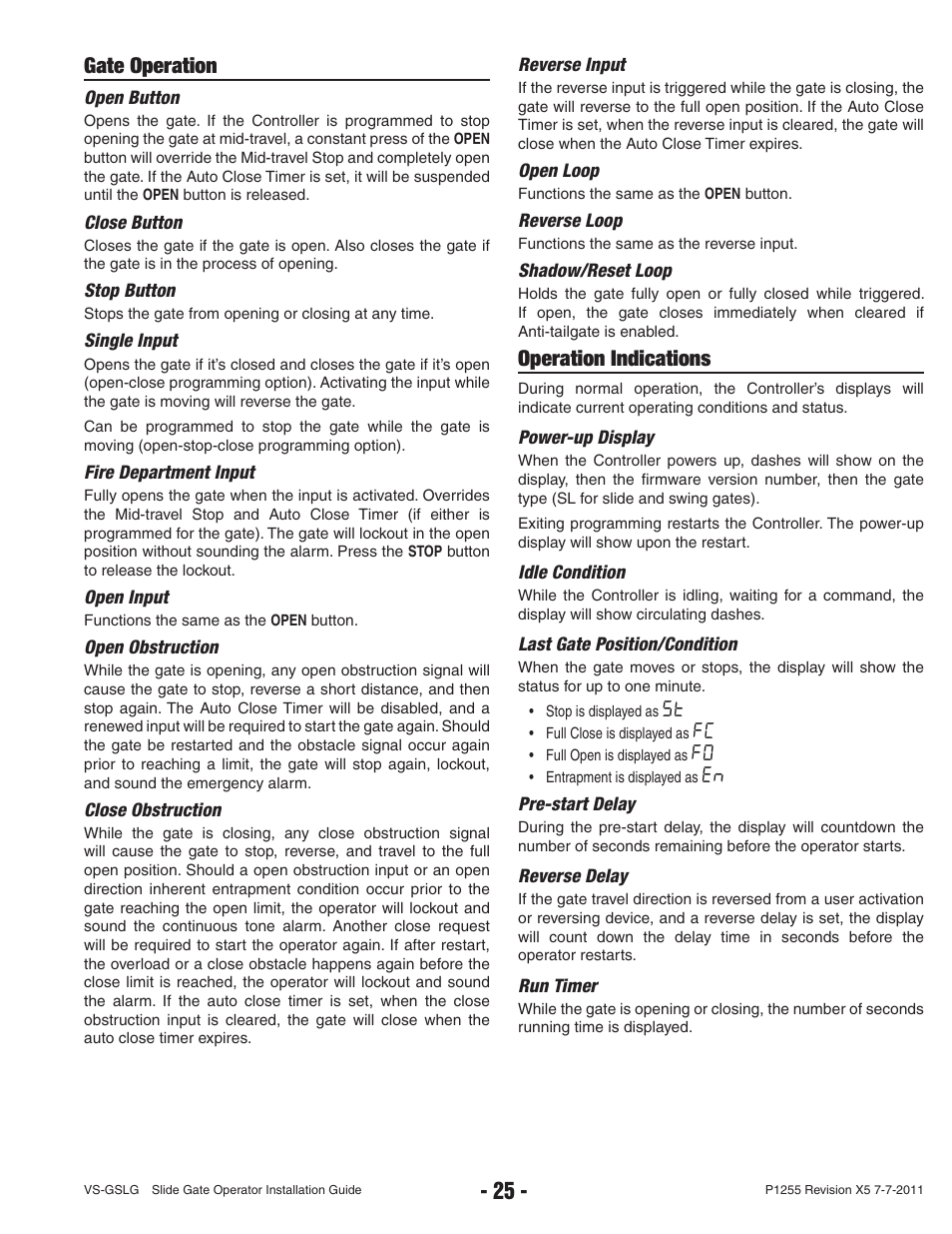 Gate operation, Operation indications | Controlled Products Systems Group VS-GSLG-111 User Manual | Page 27 / 36
