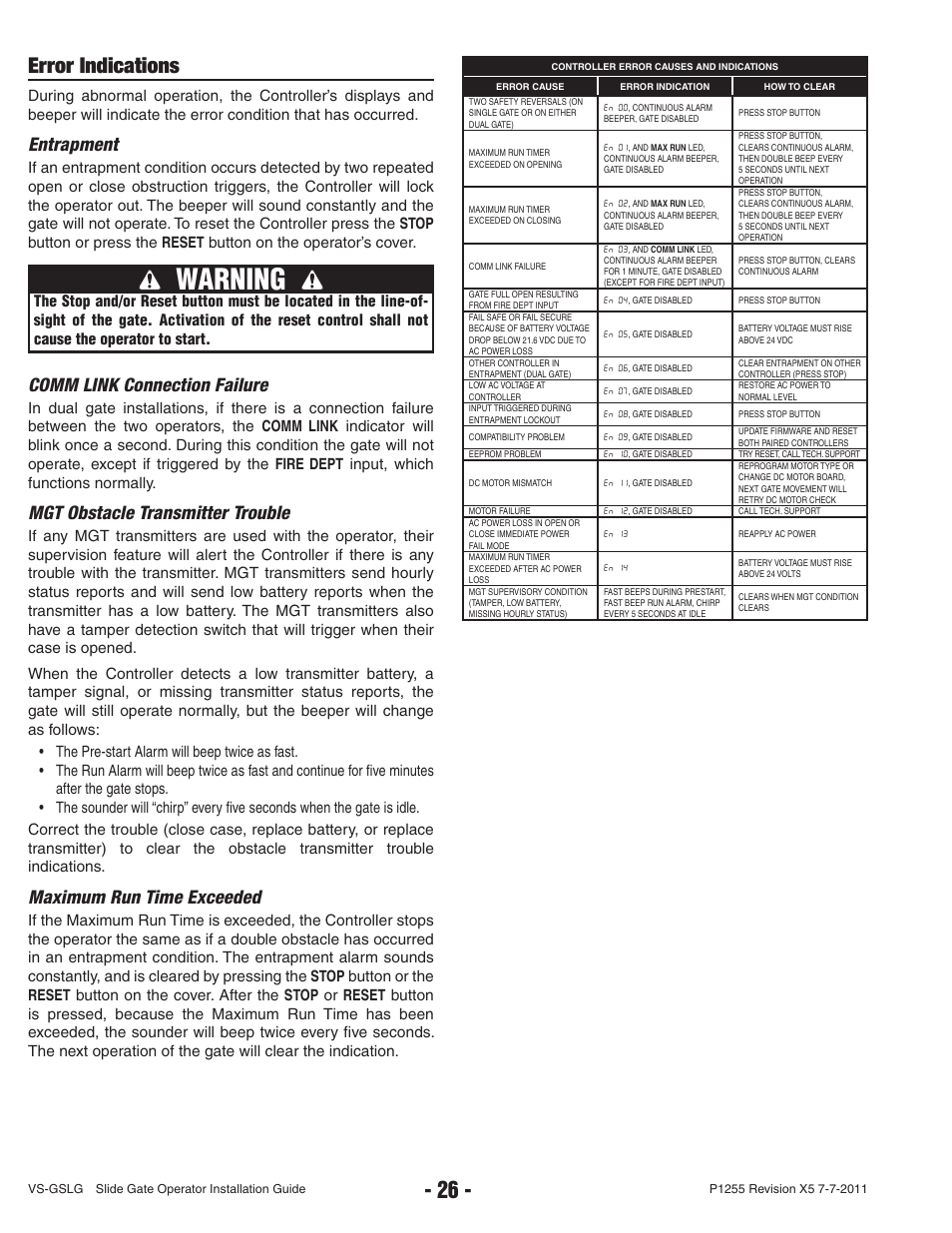 Warning, Error indications, Entrapment | Comm link connection failure, Mgt obstacle transmitter trouble, Maximum run time exceeded | Controlled Products Systems Group VS-GSLG-111 User Manual | Page 28 / 36