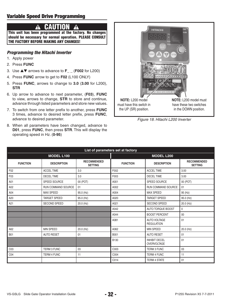Caution, Variable speed drive programming, Programming the hitachi inverter | Controlled Products Systems Group VS-GSLG-111 User Manual | Page 34 / 36