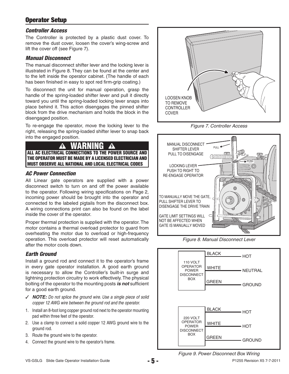 Warning, Operator setup, Controller access | Manual disconnect, Ac power connection, Earth ground | Controlled Products Systems Group VS-GSLG-111 User Manual | Page 7 / 36