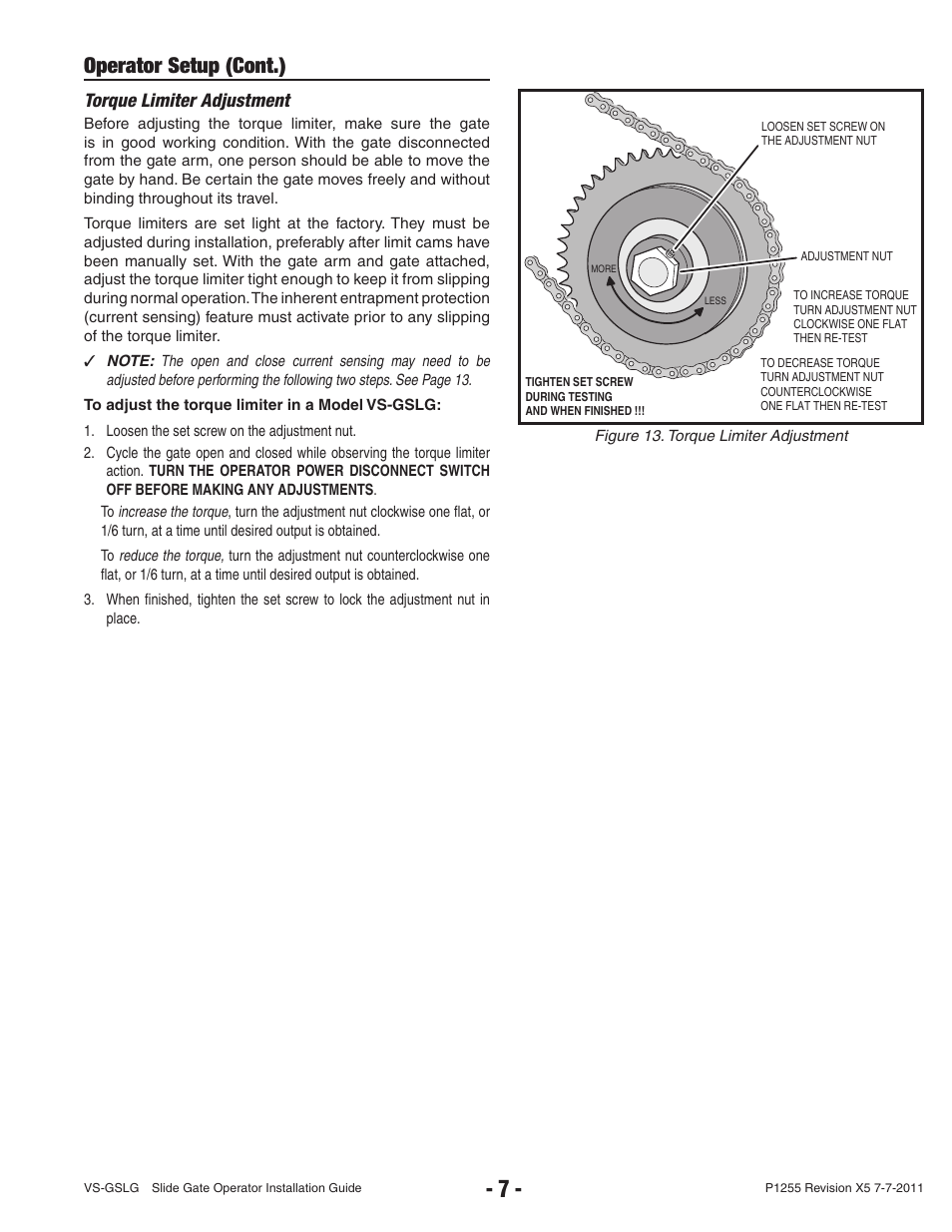 Operator setup (cont.), Torque limiter adjustment | Controlled Products Systems Group VS-GSLG-111 User Manual | Page 9 / 36