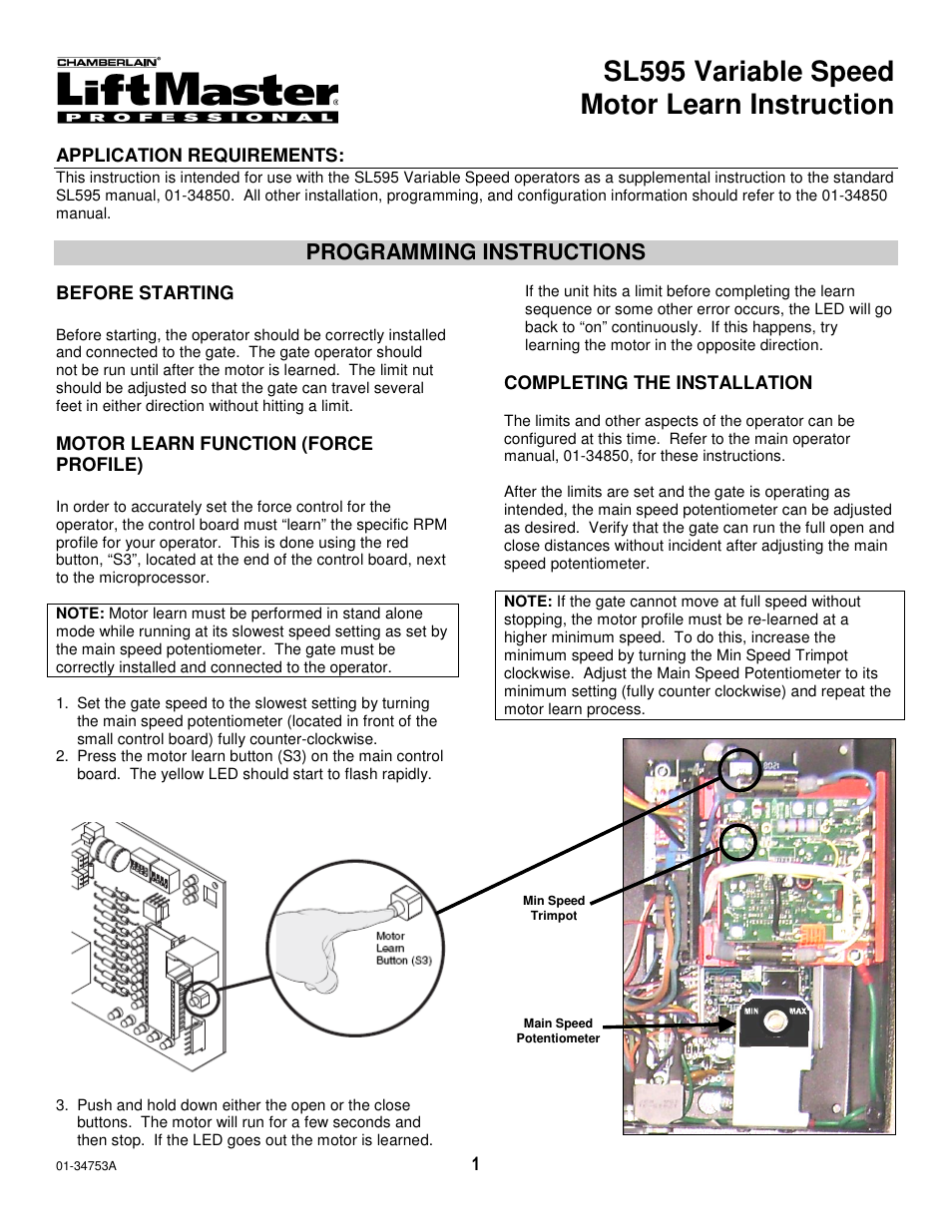 Chamberlain SL595 Variable Speed User Manual | 1 page