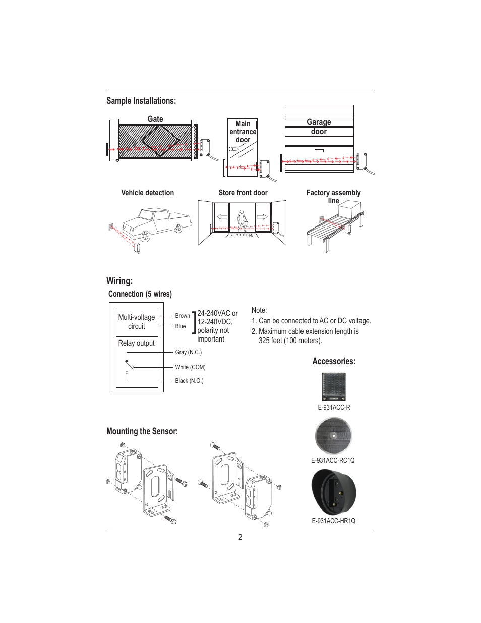 Wiring: mounting the sensor, Accessories, Sample installations | Controlled Products Systems Group E-931-S35RRQ User Manual | Page 2 / 4