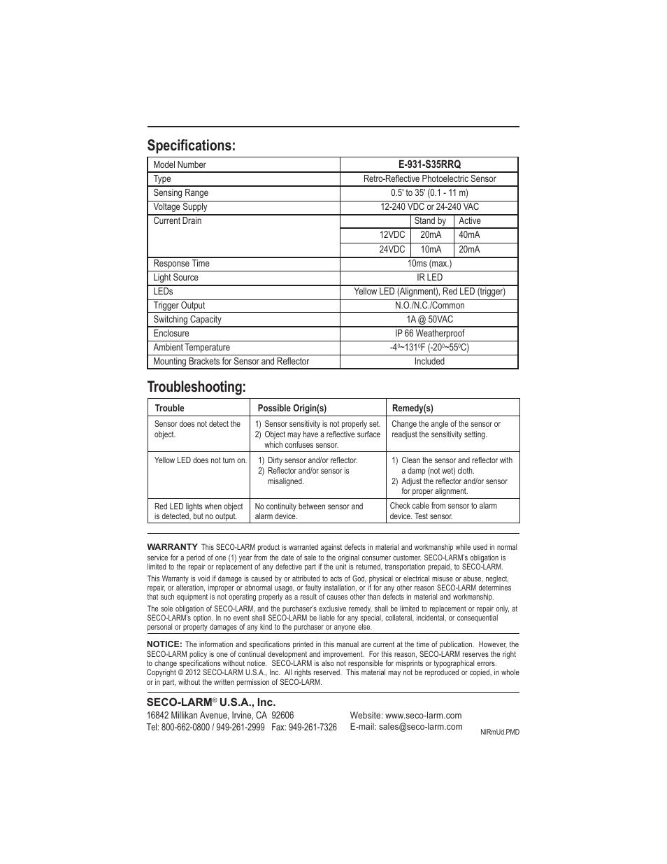 Specifications: troubleshooting | Controlled Products Systems Group E-931-S35RRQ User Manual | Page 4 / 4