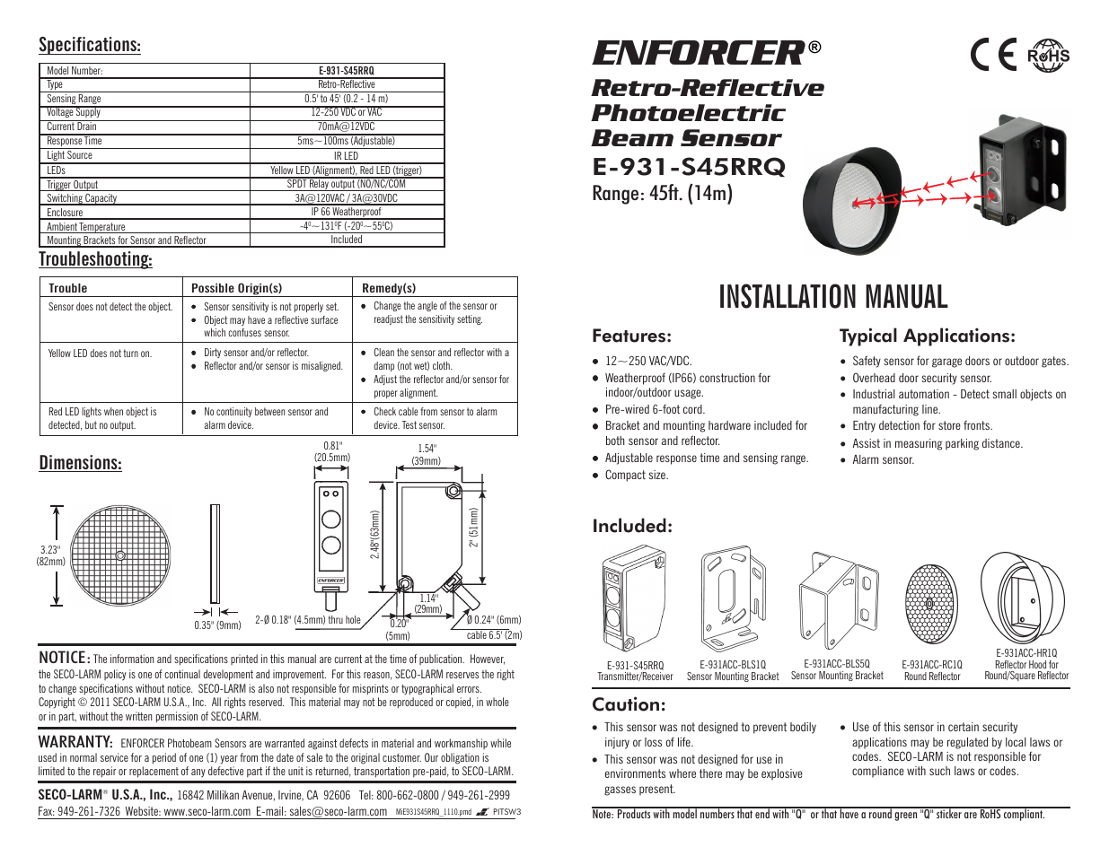 Controlled Products Systems Group E-931-S45RRQ User Manual | 2 pages
