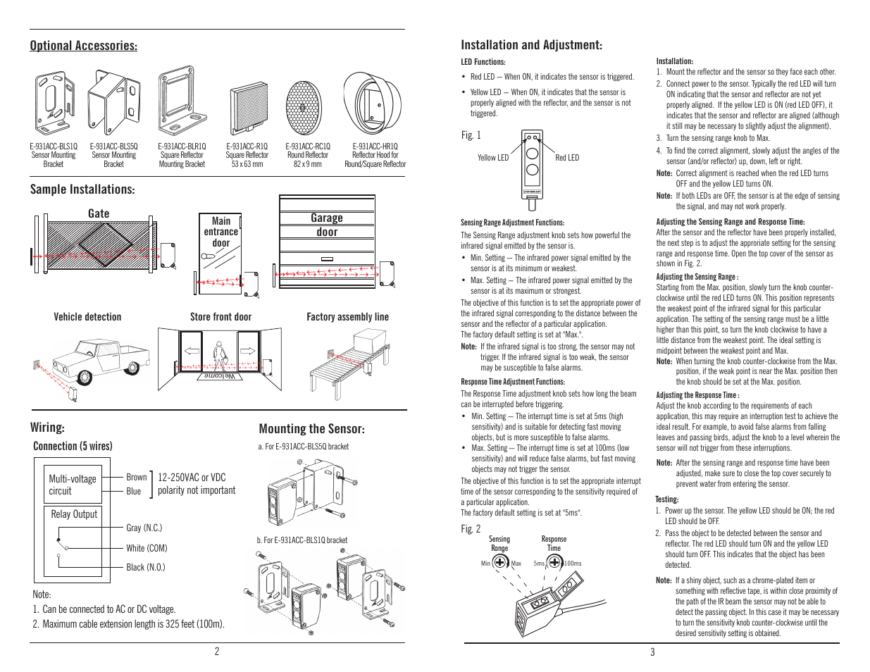 Installation and adjustment, Wiring, Optional accessories | Mounting the sensor: sample installations | Controlled Products Systems Group E-931-S45RRQ User Manual | Page 2 / 2