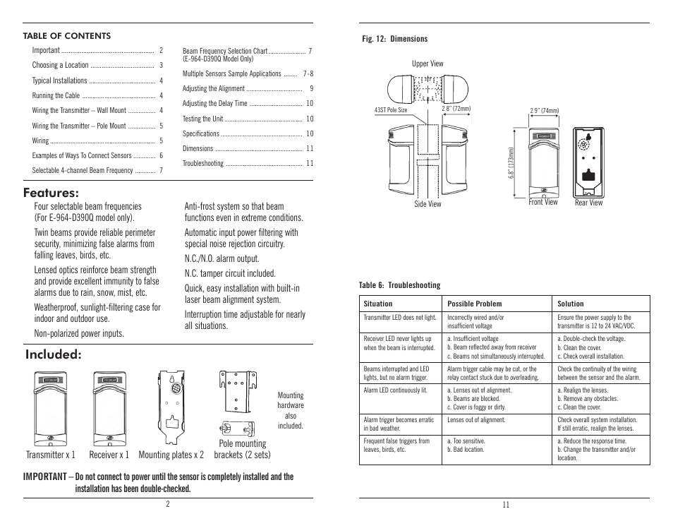 Included, Features | Controlled Products Systems Group E-960-D190Q User Manual | Page 2 / 6