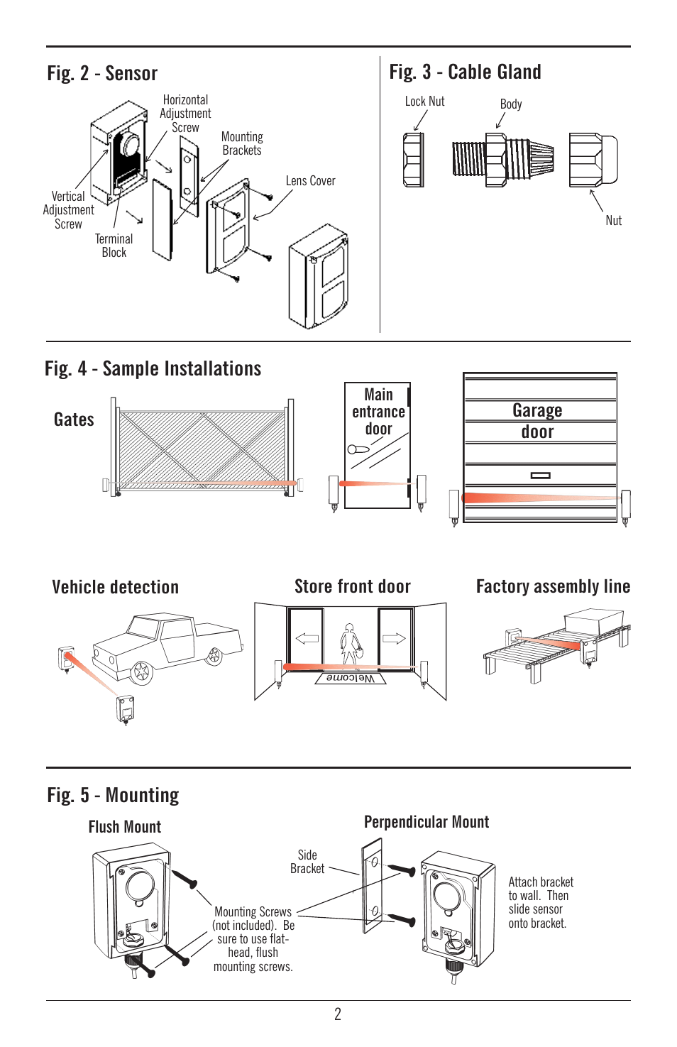 Fig. 2 - sensor fig. 3 - cable gland, Fig. 4 - sample installations fig. 5 - mounting, Gates vehicle detection factory assembly line | Store front door, Garage door | Controlled Products Systems Group E-961-S90WQ User Manual | Page 2 / 4