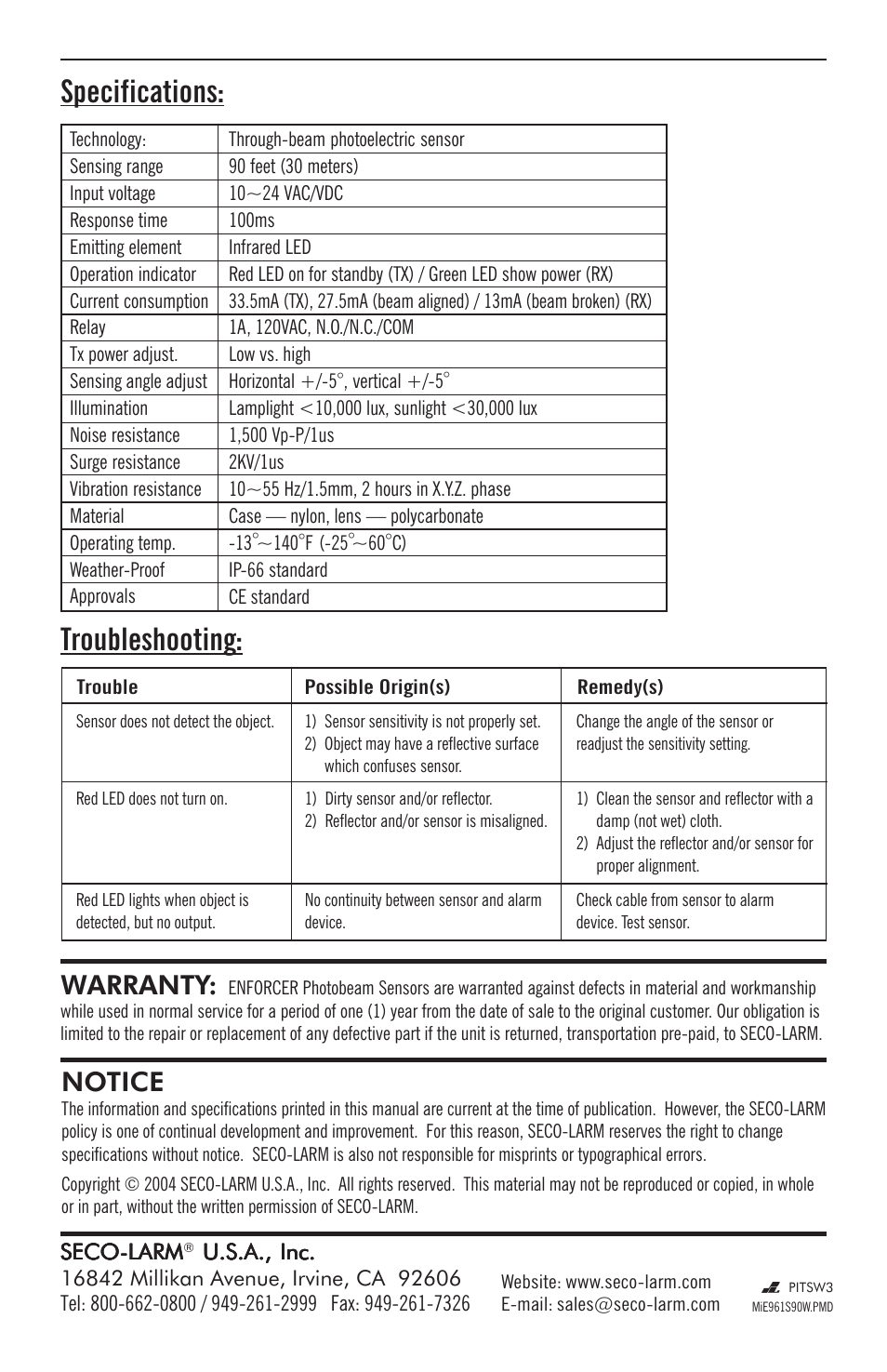 Specifications: troubleshooting, Notice, Warranty | Controlled Products Systems Group E-961-S90WQ User Manual | Page 4 / 4