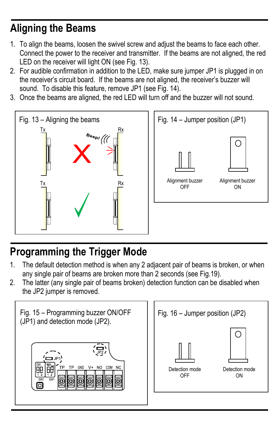 Aligning the beams, Programming the trigger mode | Controlled Products Systems Group E-9643-4B190Q User Manual | Page 10 / 12