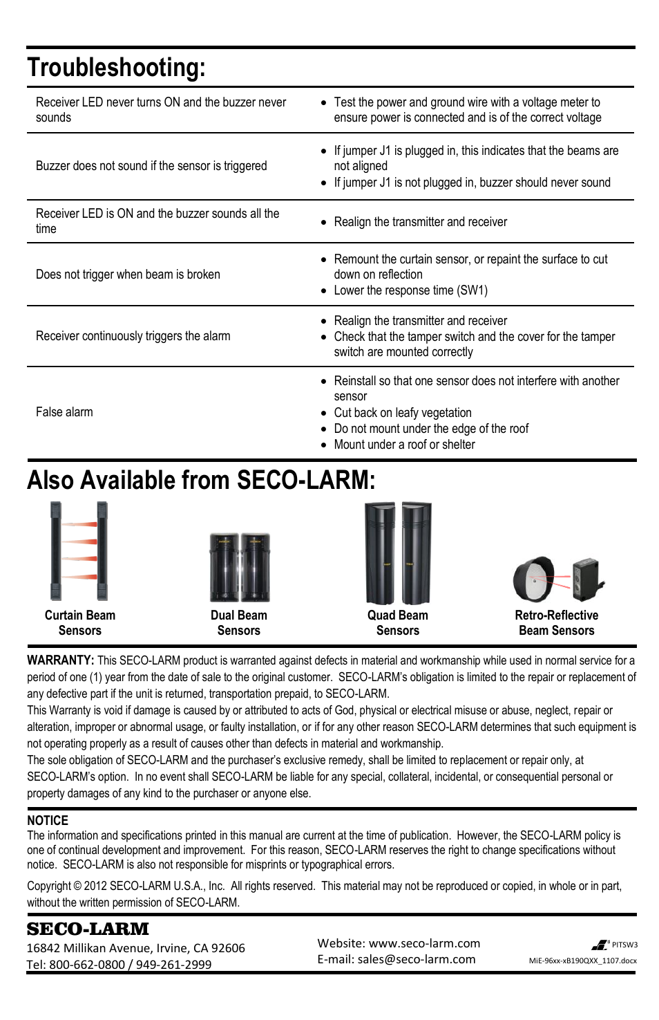 Troubleshooting, Also available from seco-larm, Seco-larm | Controlled Products Systems Group E-9643-4B190Q User Manual | Page 12 / 12
