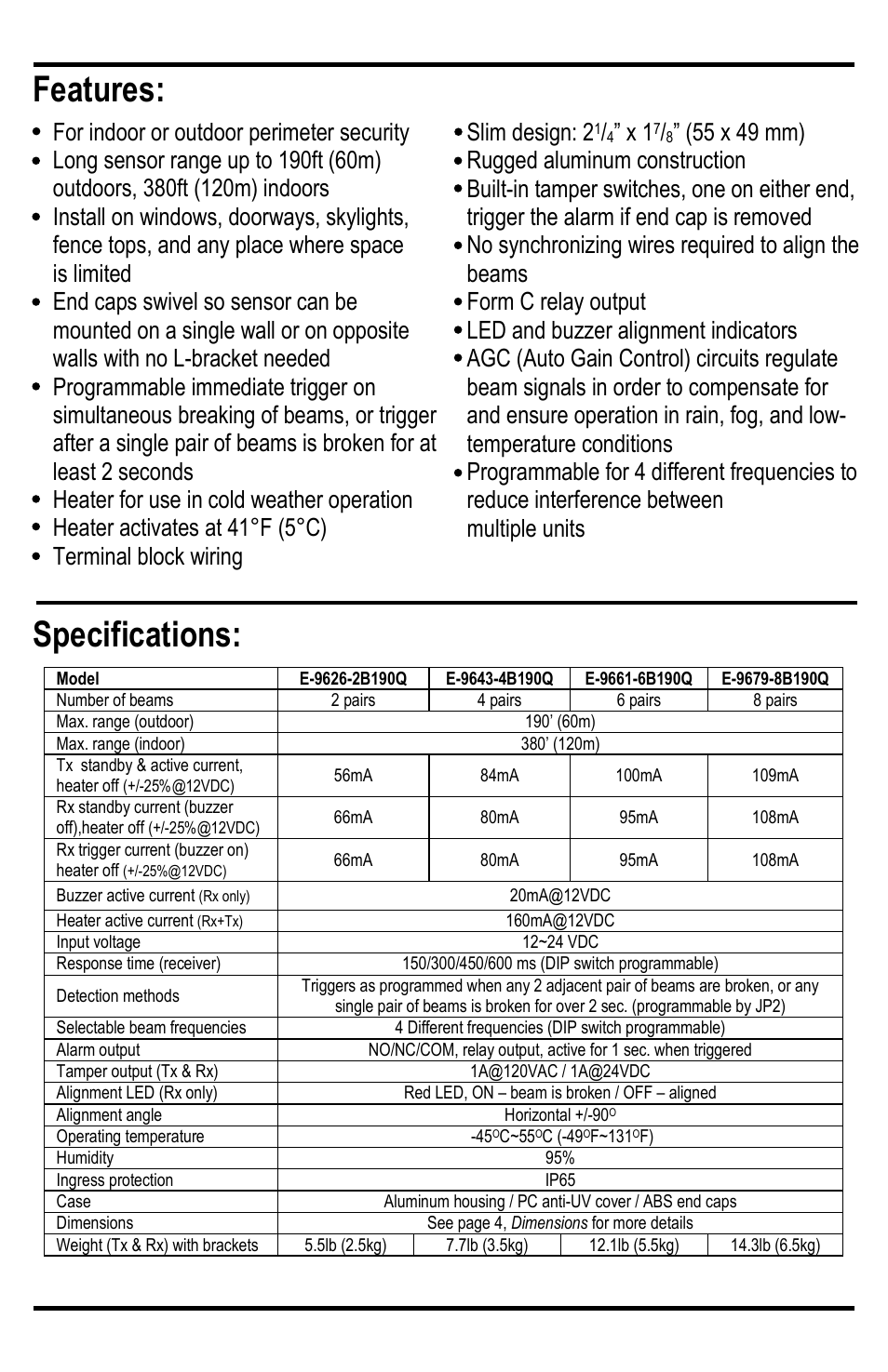 Features, Specifications | Controlled Products Systems Group E-9643-4B190Q User Manual | Page 3 / 12