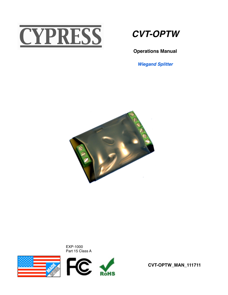 Controlled Products Systems Group CVT-OPTW User Manual | 5 pages