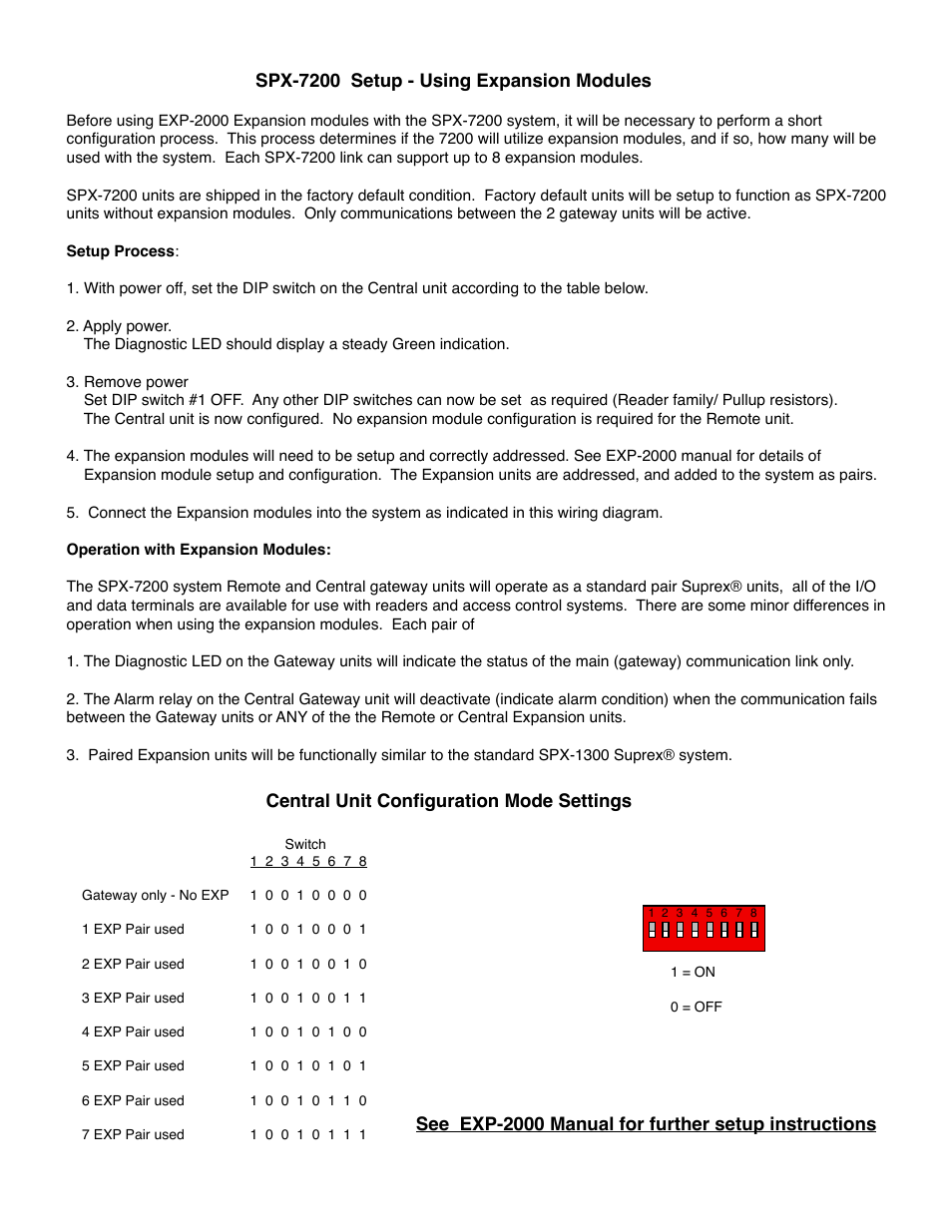Central unit configuration mode settings | Controlled Products Systems Group SPX-7200 User Manual | Page 19 / 22
