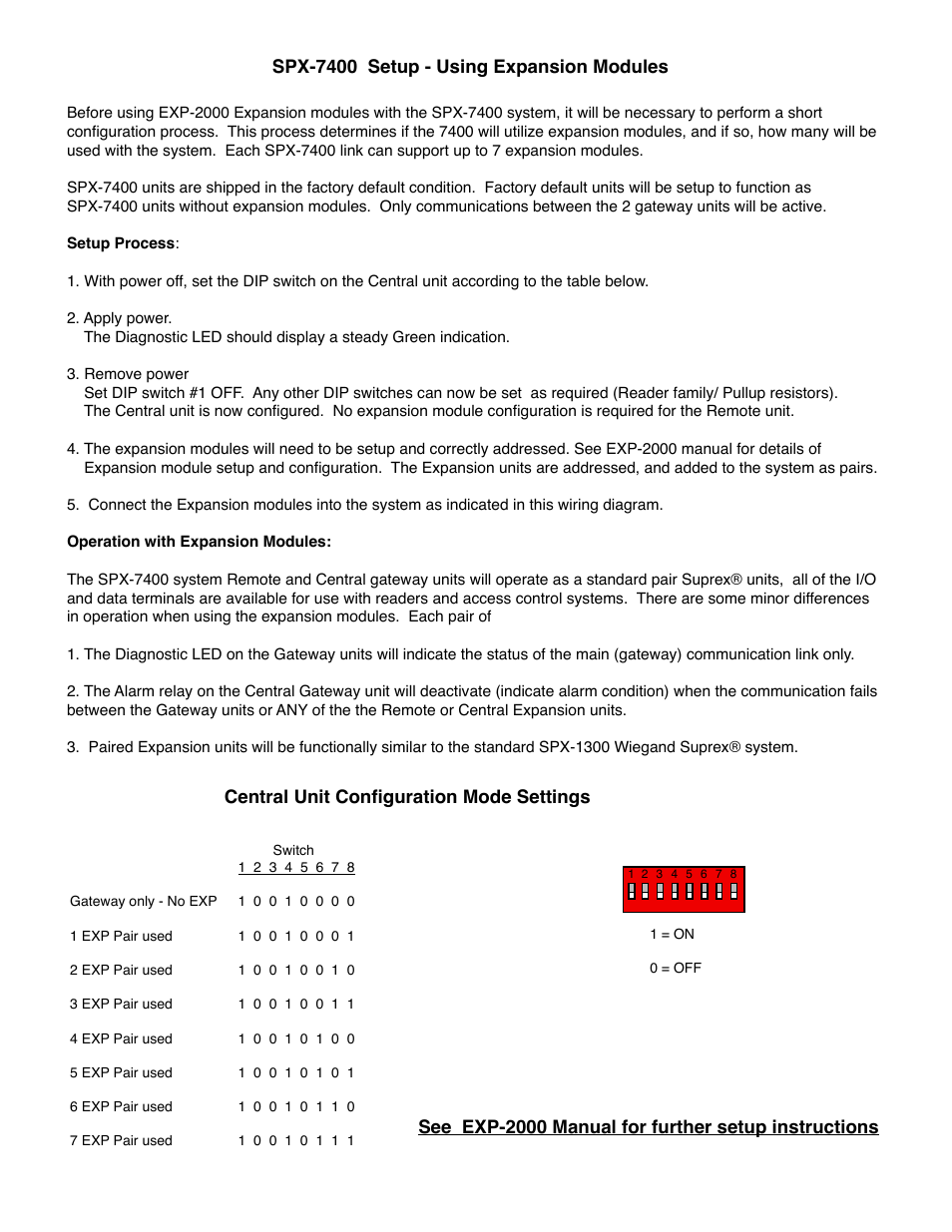 Spx-7400 setup - using expansion modules, Central unit configuration mode settings, See exp-2000 manual for further setup instructions | Controlled Products Systems Group SPX-7400 User Manual | Page 15 / 18