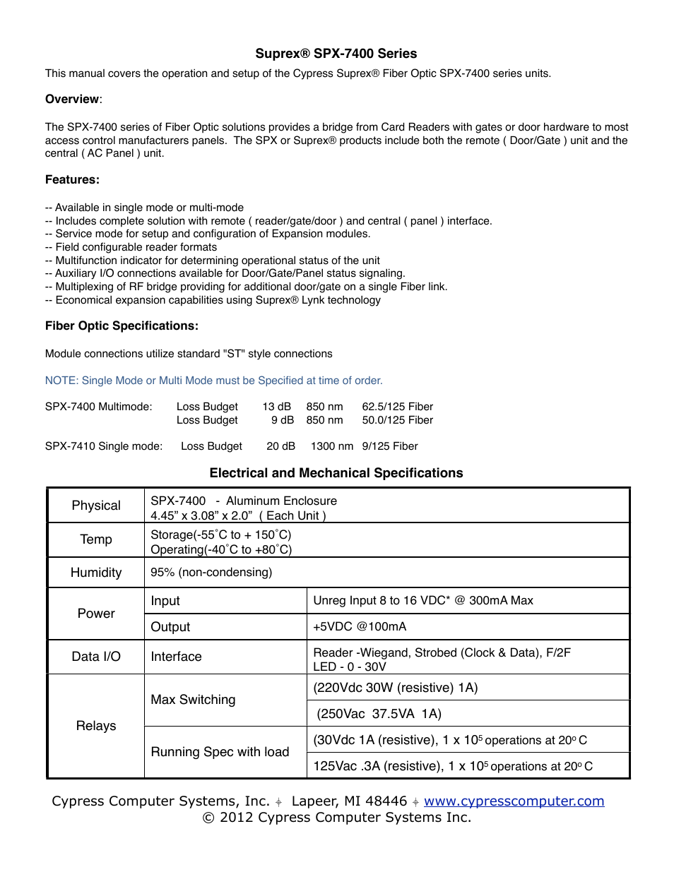 Controlled Products Systems Group SPX-7410 User Manual | Page 2 / 18