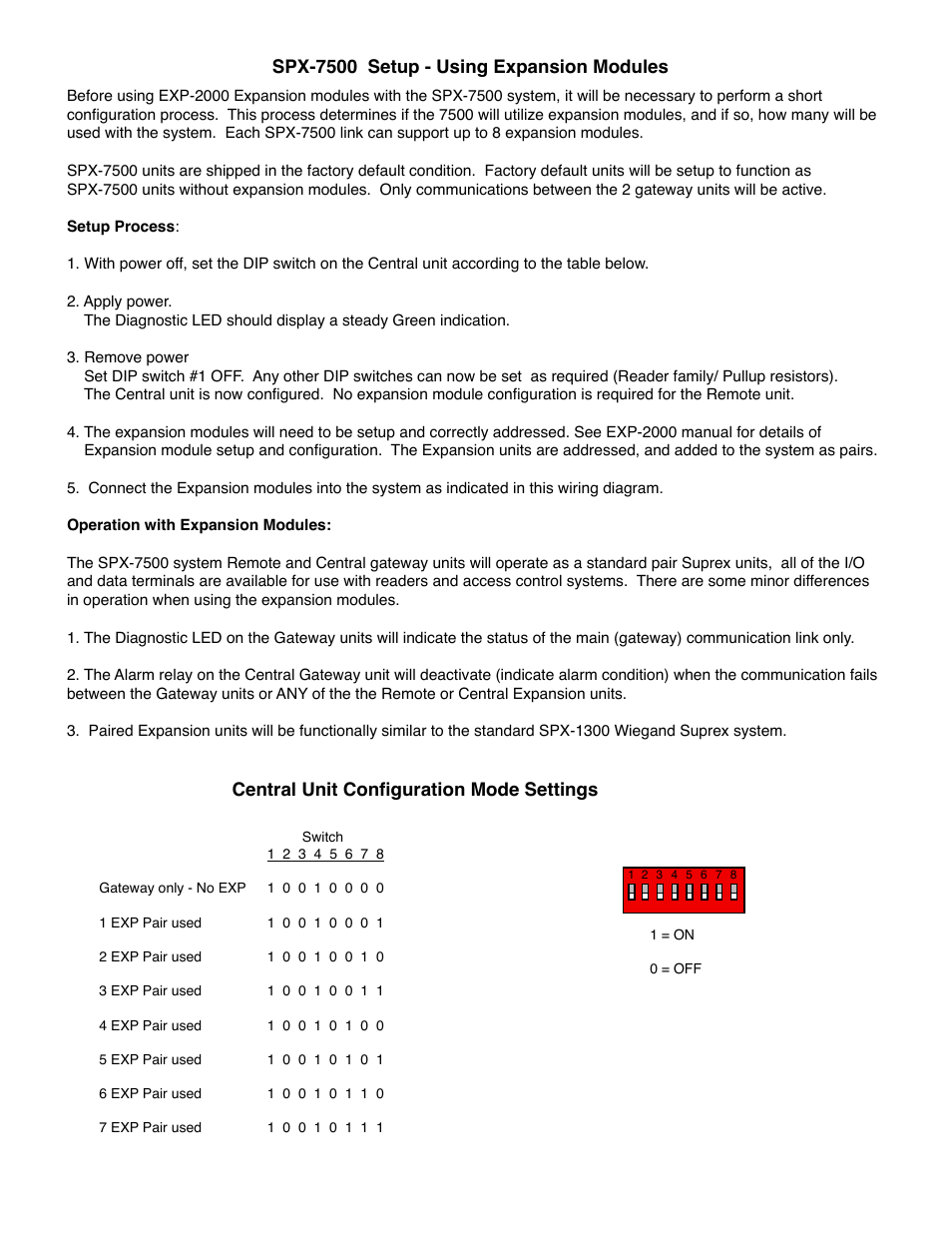 Spx-7500 setup - using expansion modules, Central unit configuration mode settings | Controlled Products Systems Group SPX-7500 User Manual | Page 14 / 17