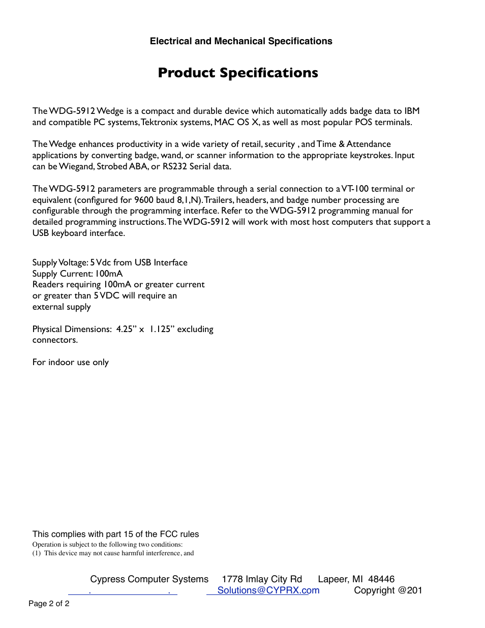 Product specifications | Controlled Products Systems Group WDG-5912 User Manual | Page 2 / 37