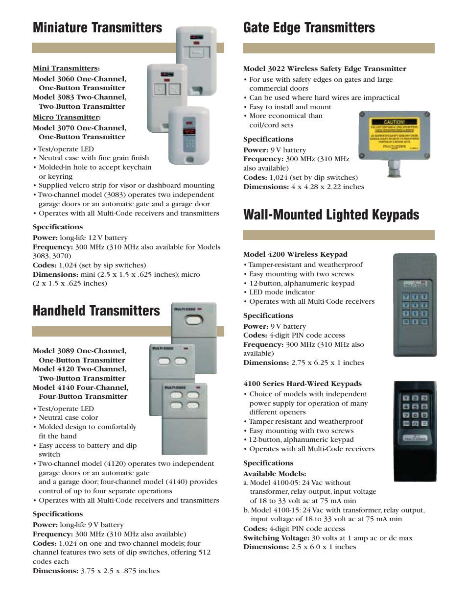 Miniature transmitters, Handheld transmitters, Gate edge transmitters | Wall-mounted lighted keypads | Controlled Products Systems Group 302210 User Manual | Page 3 / 4