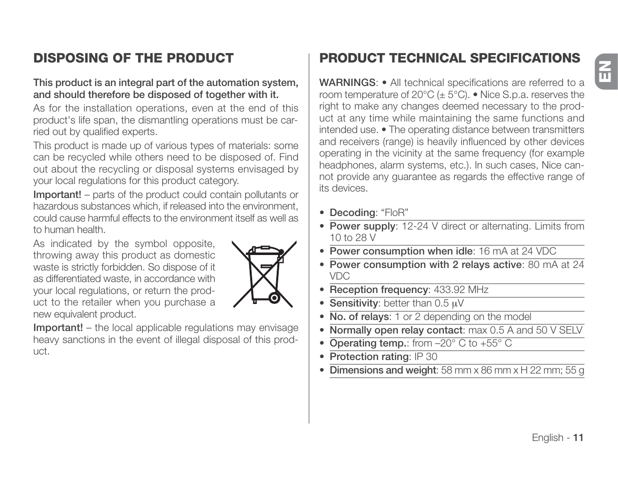 Disposing of the product, Product technical specifications | Controlled Products Systems Group 318N User Manual | Page 13 / 14