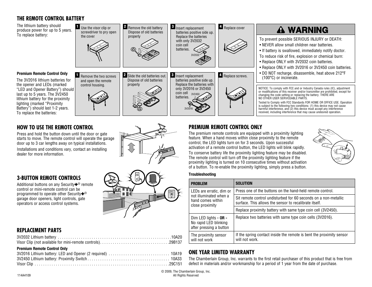 Replacement parts, One year limited warranty, Button remote controls | How to use the remote control, Premium remote control only, The remote control battery | Chamberlain 371LM User Manual | Page 2 / 2