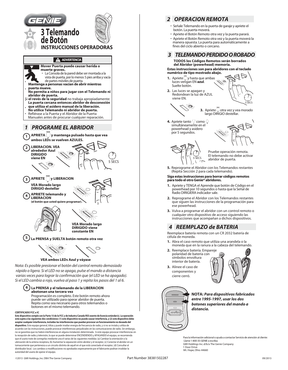 3 telemando de botón, 3 telemando perdido o robado, 1 programe el abridor | 4 reemplazo de bateria, 2 operacion remota, Instrucciones operadoras | Controlled Products Systems Group G3T-BX User Manual | Page 2 / 2