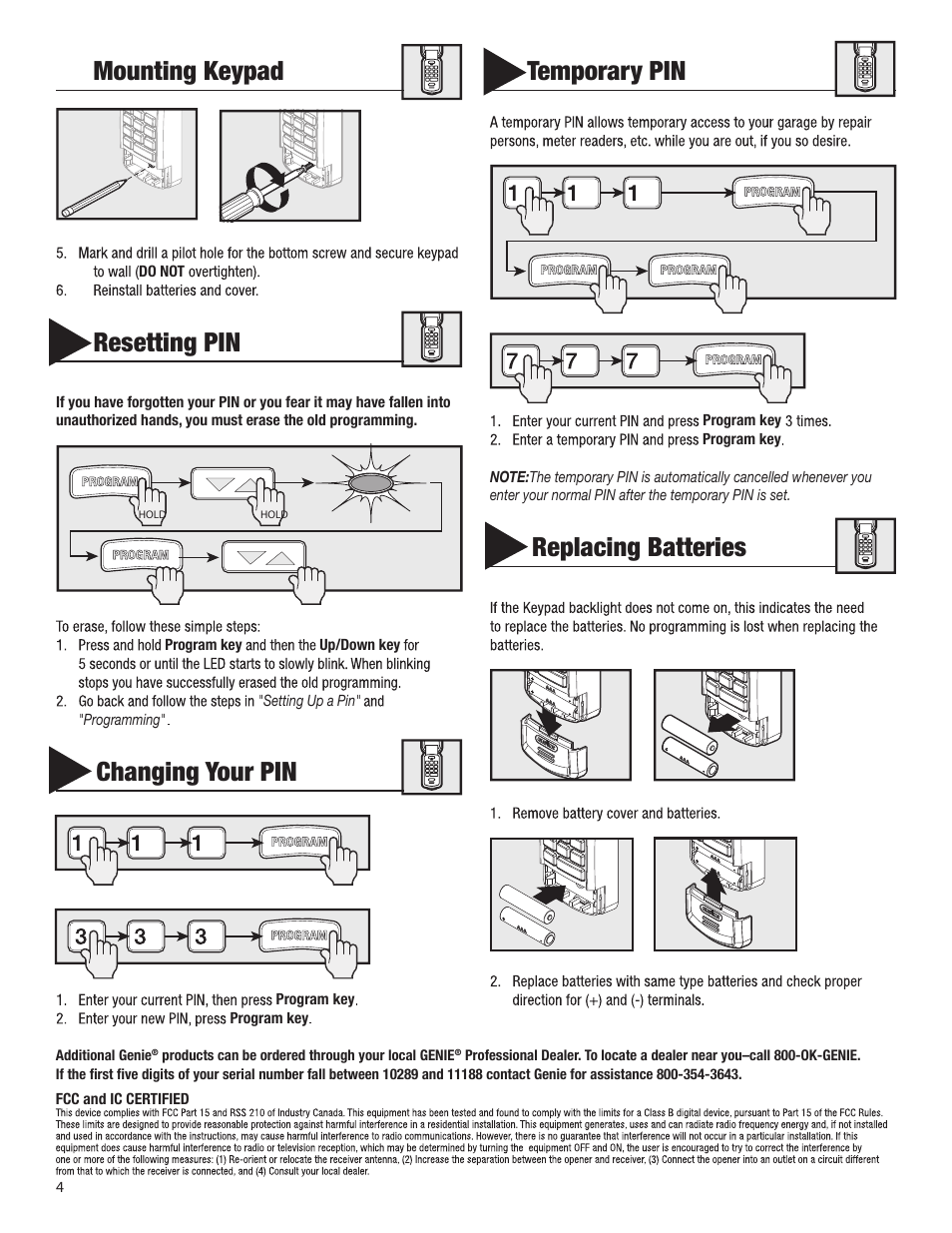Mounting keypad, Resetting pin, Changing your pin | Temporary pin, Replacing batteries | Controlled Products Systems Group GK-BX User Manual | Page 4 / 4