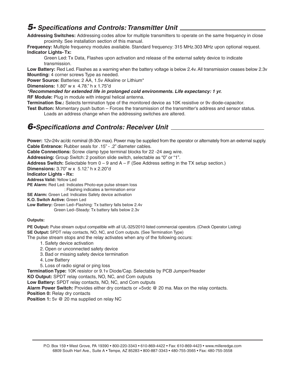 Specifications and controls: transmitter unit, Specifications and controls: receiver unit | Controlled Products Systems Group MEL-K20 User Manual | Page 3 / 4