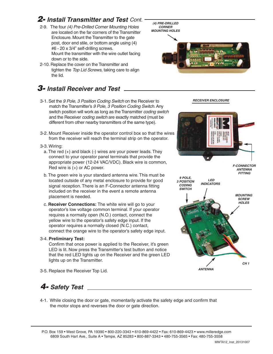 Install receiver and test, Safety test, Install transmitter and test | Cont | Controlled Products Systems Group MWRT12 User Manual | Page 2 / 3