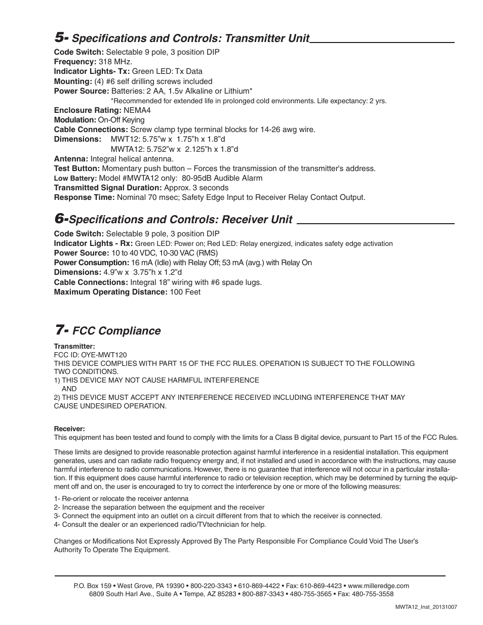 Specifications and controls: transmitter unit, Specifications and controls: receiver unit, Fcc compliance | Controlled Products Systems Group MWRT12 User Manual | Page 3 / 3