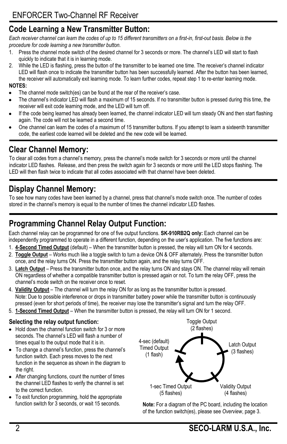 Code learning a new transmitter button, Programming channel relay output function | Controlled Products Systems Group SK-910RB2Q User Manual | Page 2 / 4