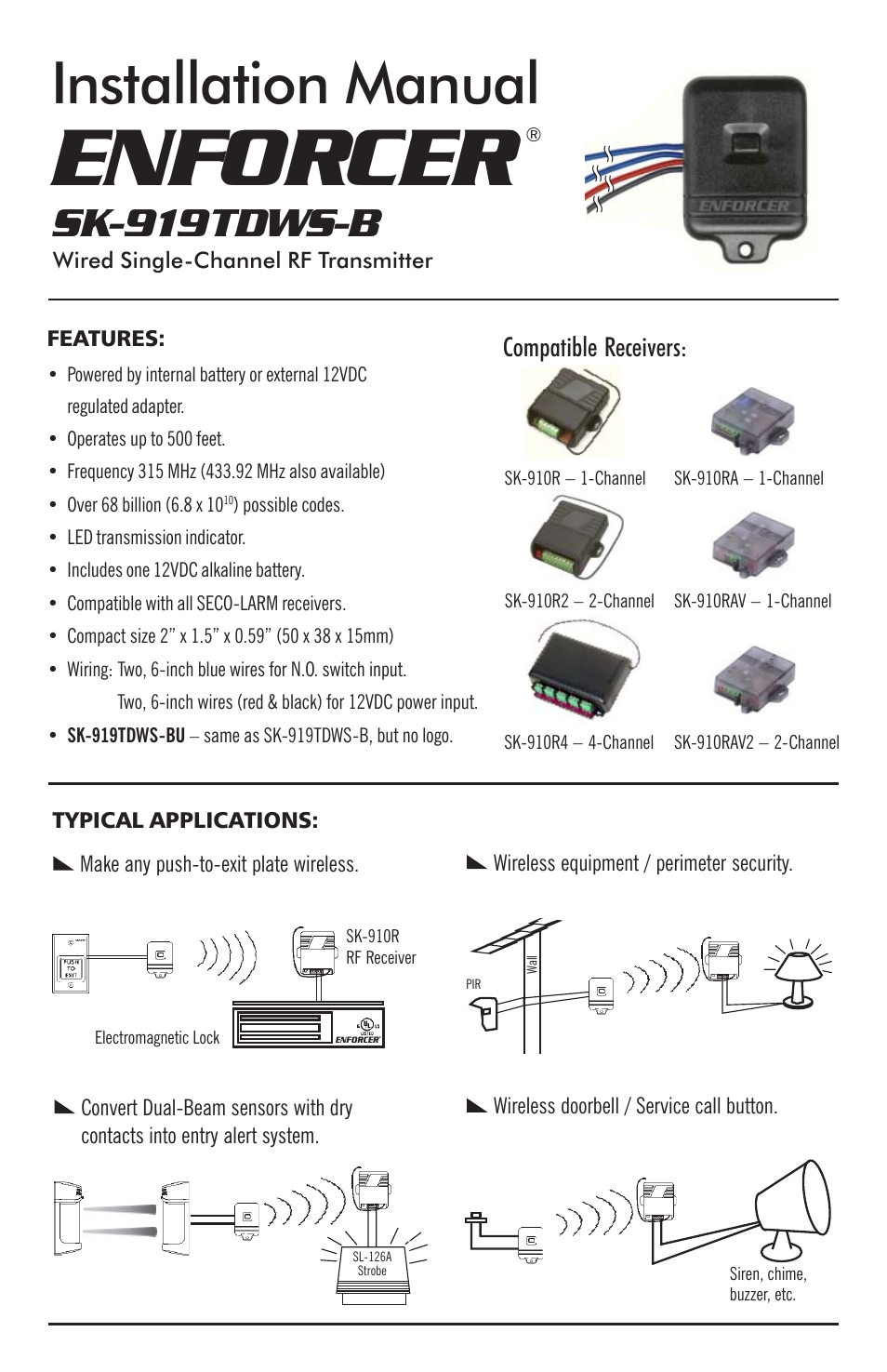 Controlled Products Systems Group SK-919TDWS-BU User Manual | 2 pages