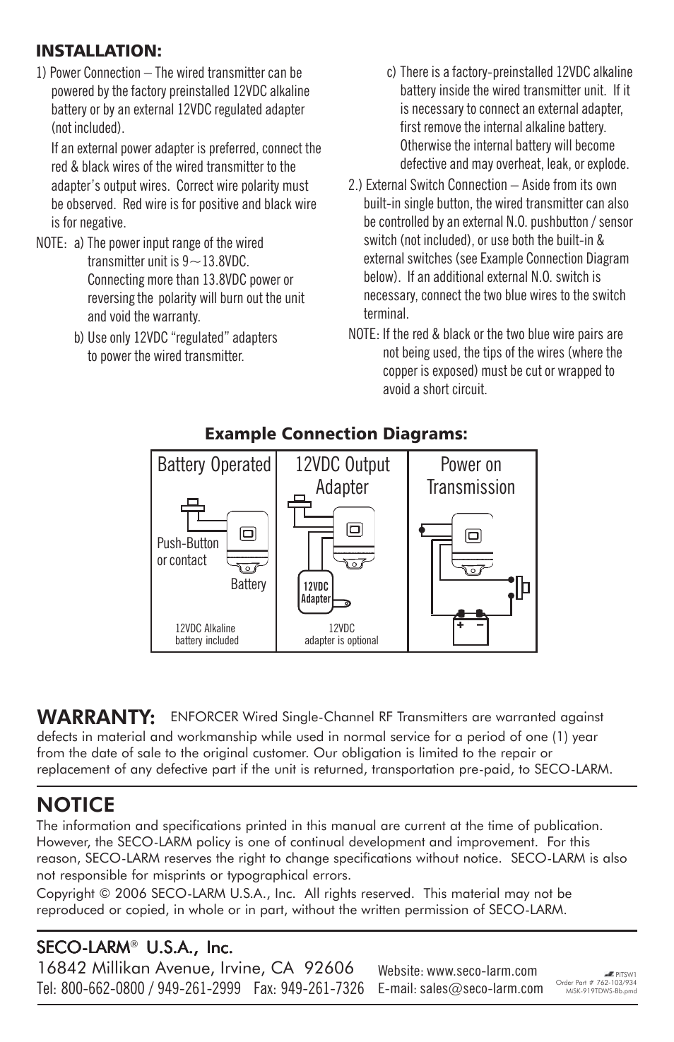 Warranty, Notice | Controlled Products Systems Group SK-919TDWS-BU User Manual | Page 2 / 2