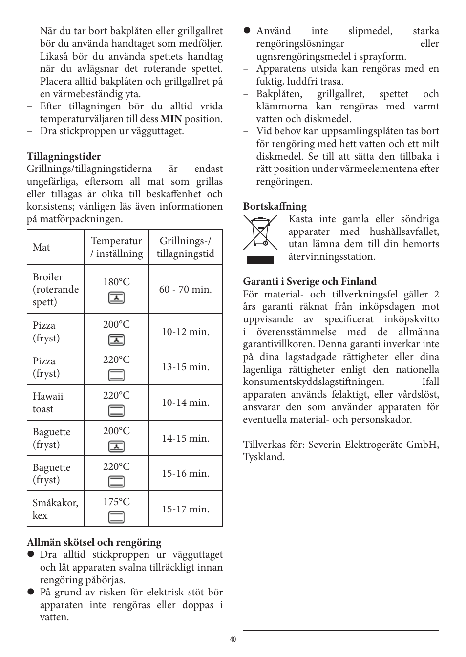 SEVERIN TO 2040 User Manual | Page 40 / 62