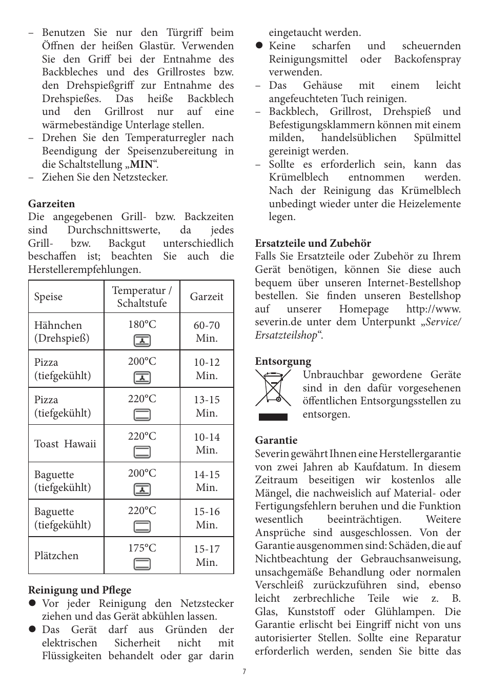 SEVERIN TO 2040 User Manual | Page 7 / 62