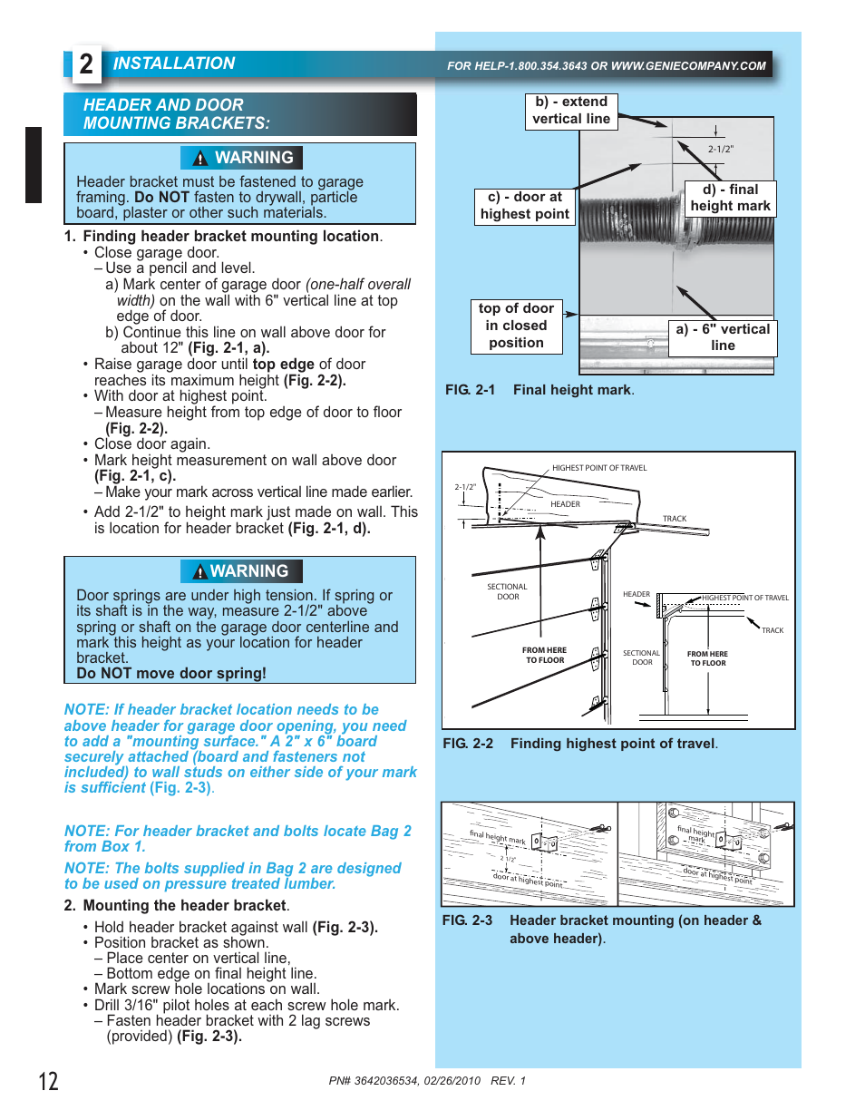 Nstallation, Header and door mounting brackets, Warning | Controlled Products Systems Group 1024 User Manual | Page 12 / 30