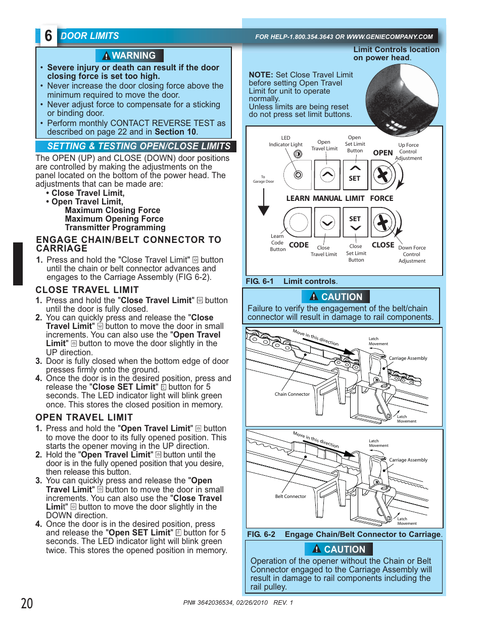 Oor limits, Setting & testing open/close limits, Warning | Close travel limit, Open travel limit, Caution engage chain/belt connector to carriage, Caution | Controlled Products Systems Group 1024 User Manual | Page 20 / 30