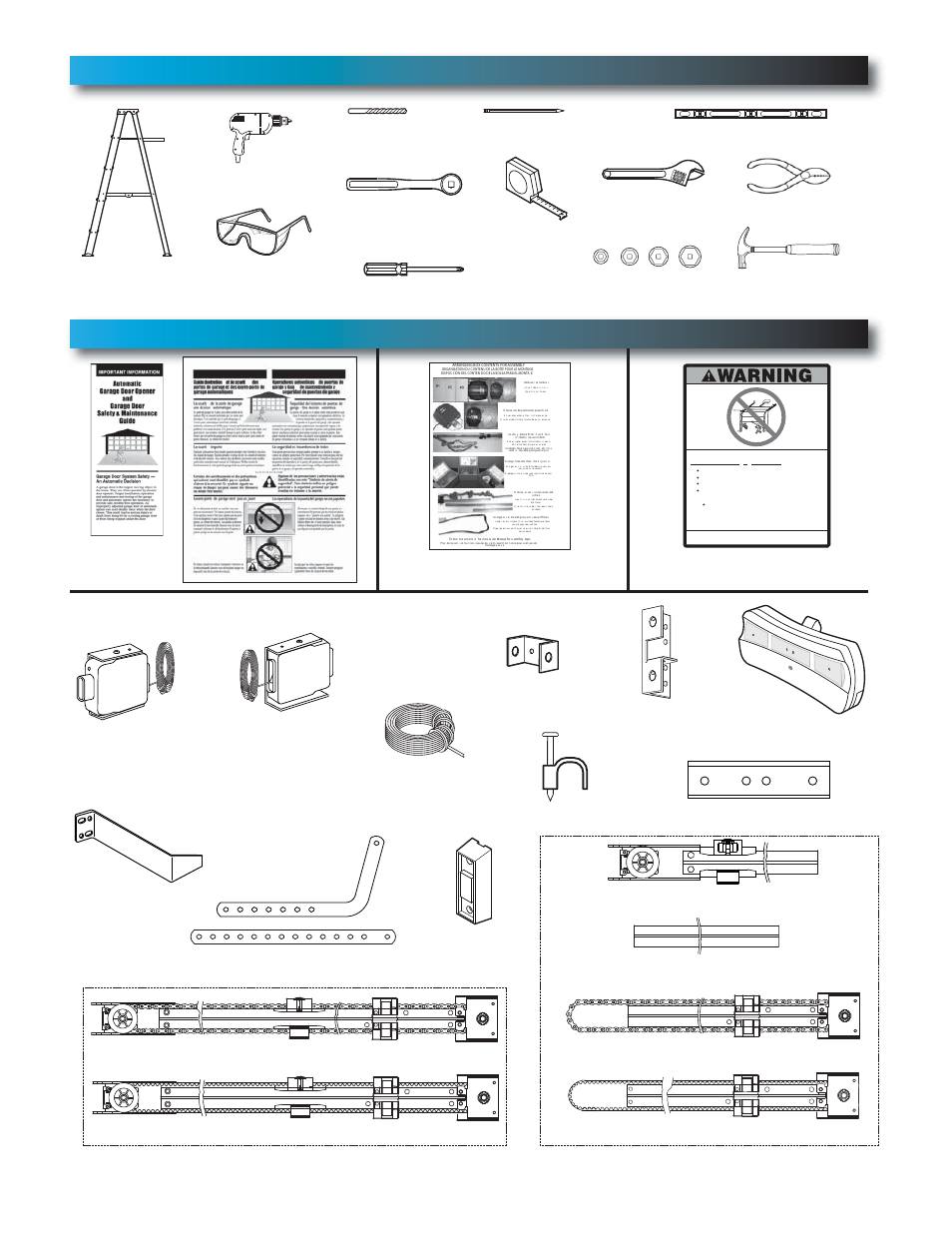 Recommended tools, Parts identification, Not shown full size . three-button remote control | Source with wire (red led) safe-t-beam, Source/sensor bracket | Controlled Products Systems Group 1024 User Manual | Page 6 / 30