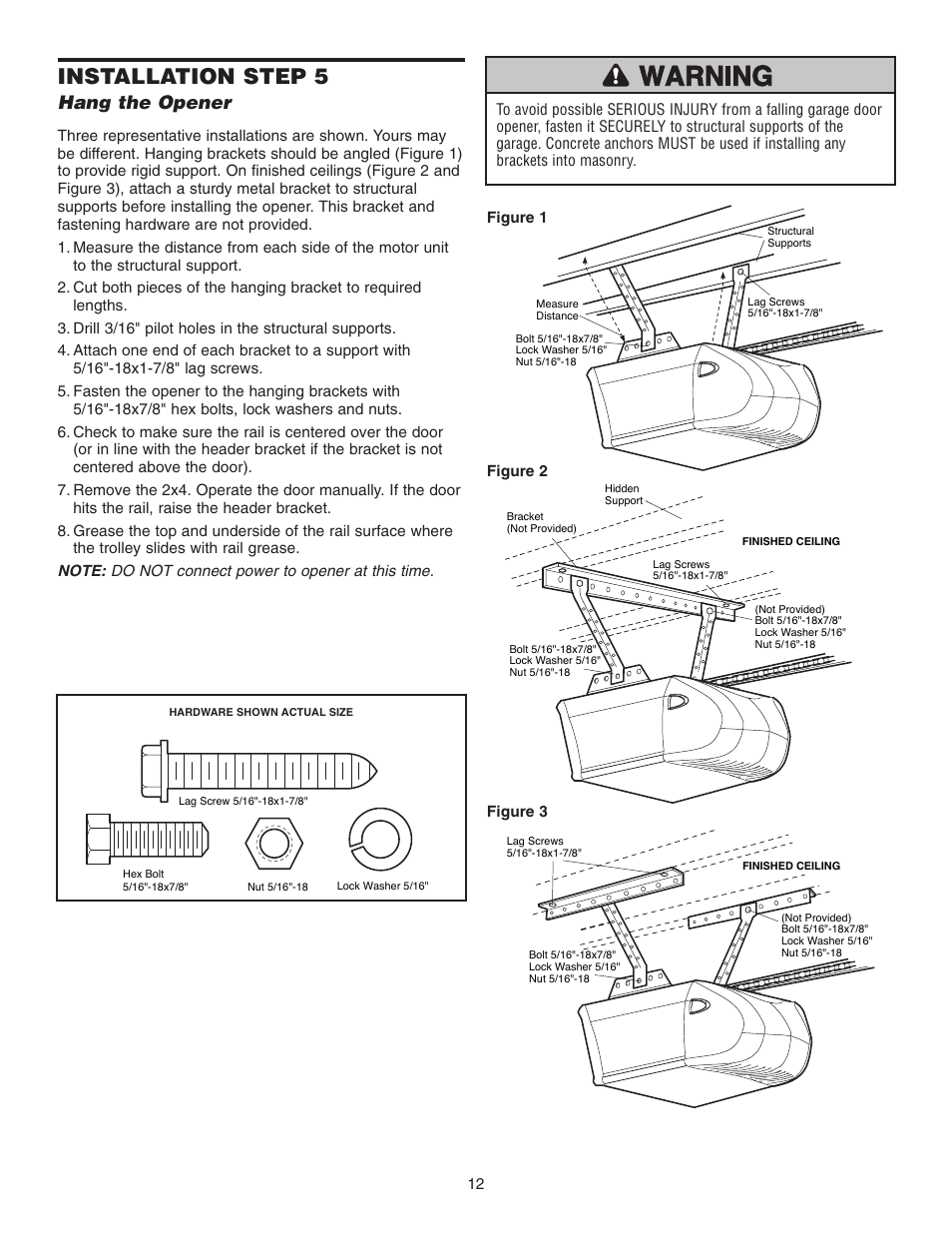 Step 5 hang the opener, Installation step 5, Hang the opener | Chamberlain 3255-2 1/2 HP User Manual | Page 12 / 36
