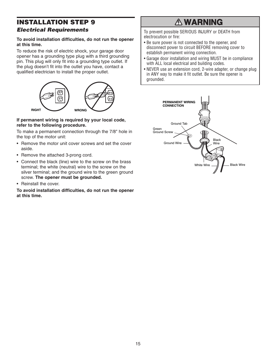 Step 9 electrical requirements, Installation step 9, Electrical requirements | Chamberlain 3255-2 1/2 HP User Manual | Page 15 / 36