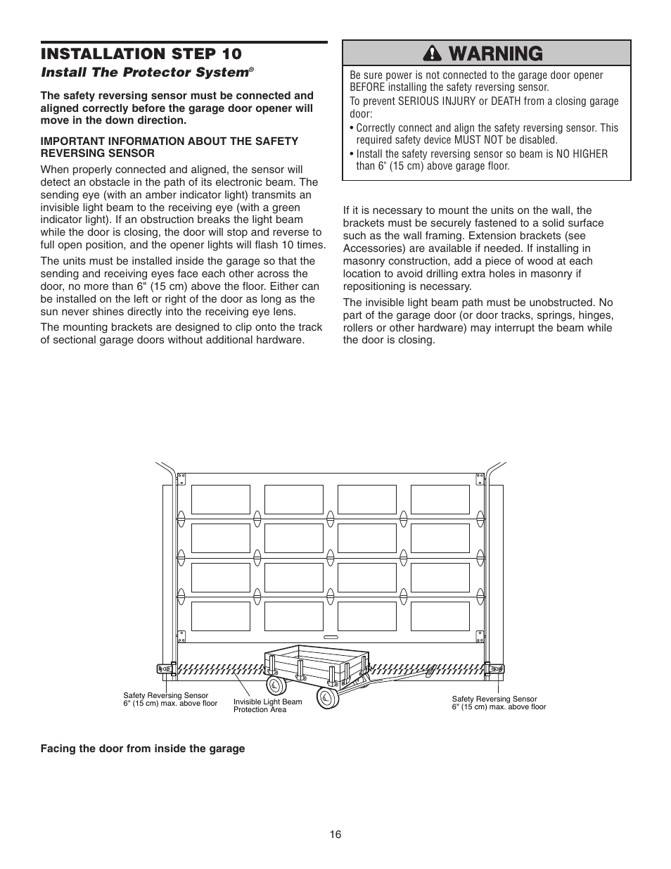 Step 10 install the protector system, Installation step 10, Install the protector system | Chamberlain 3255-2 1/2 HP User Manual | Page 16 / 36